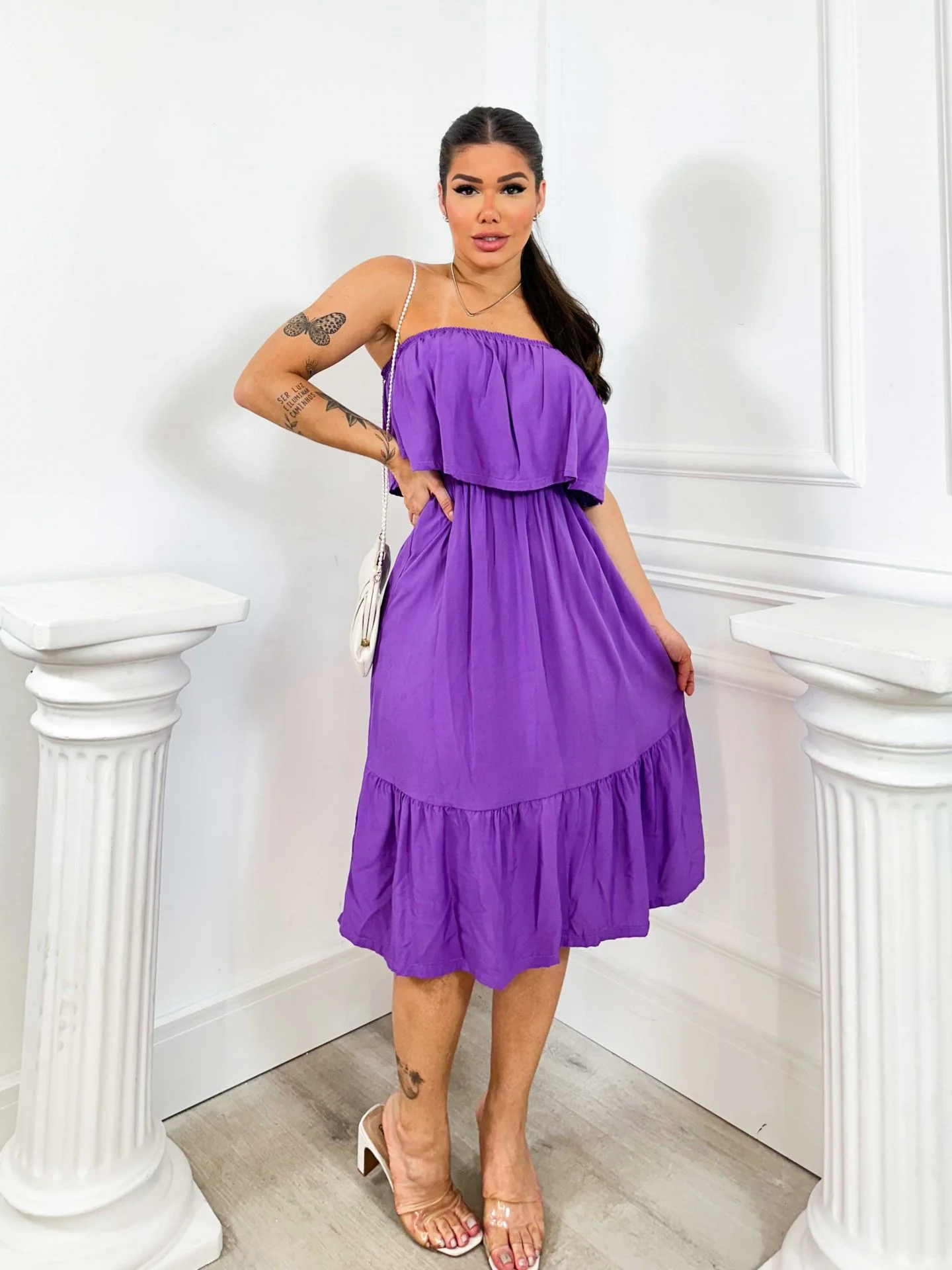 Vestido em viscose com babado - LILAS