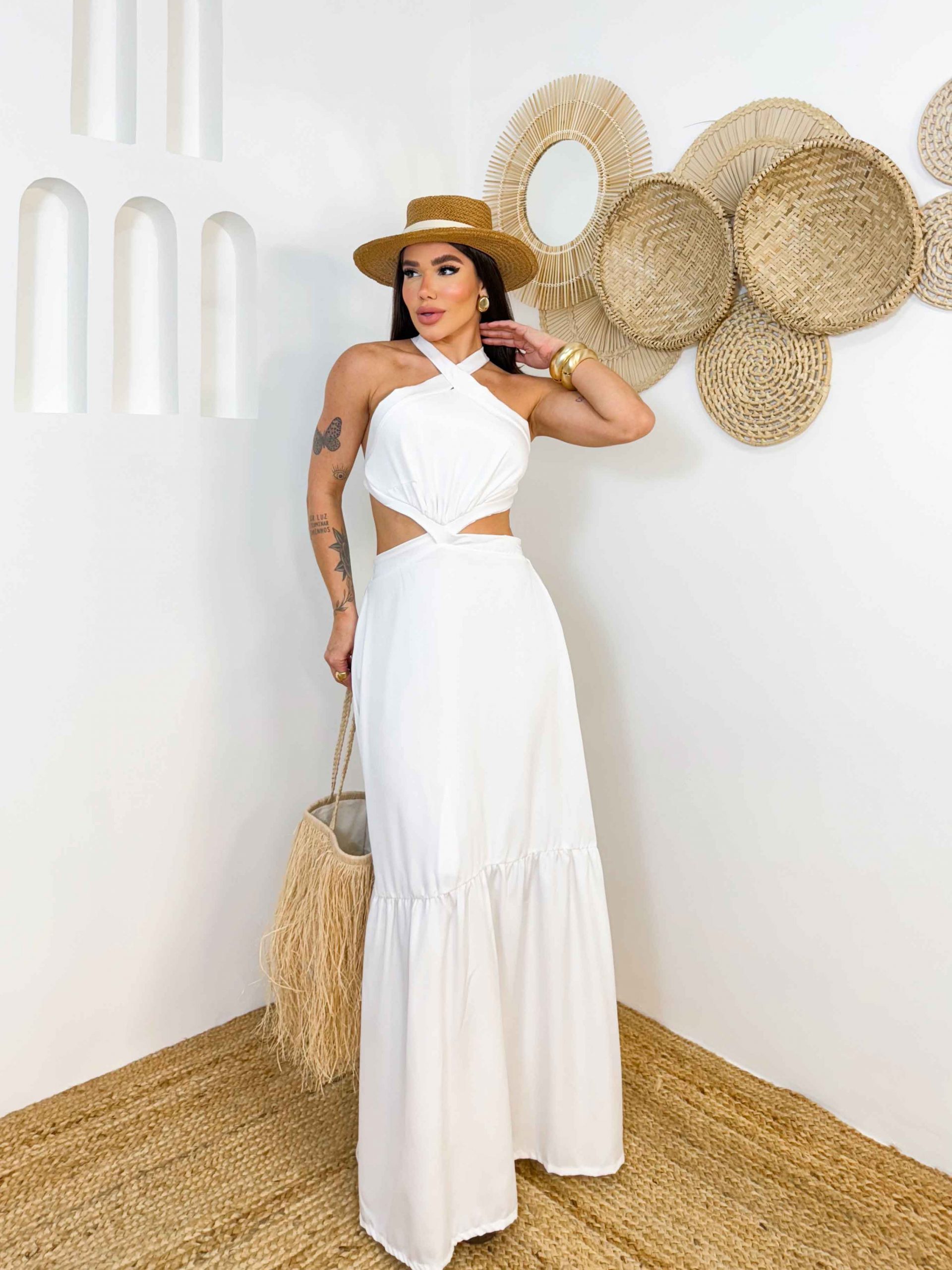 Vestido em duna cruzado nas costas - BRANCO