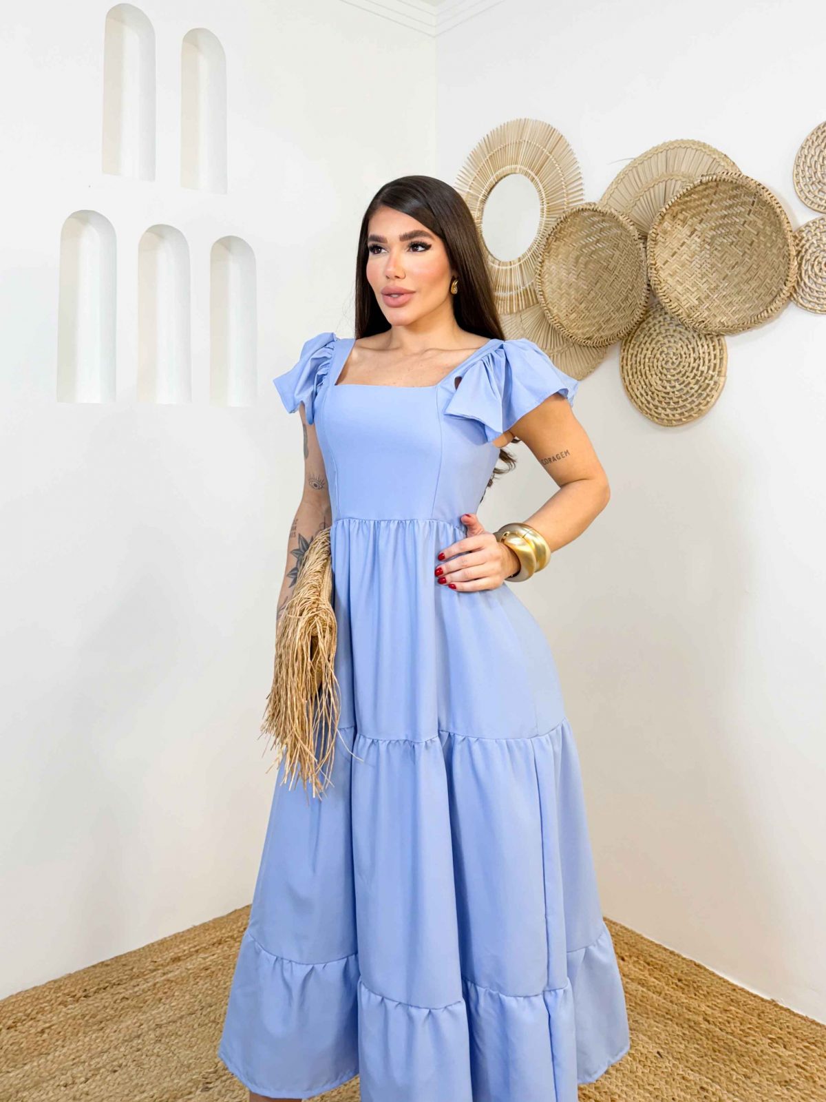 Vestido de alça com babado - AZUL CLARO - Imagem 2