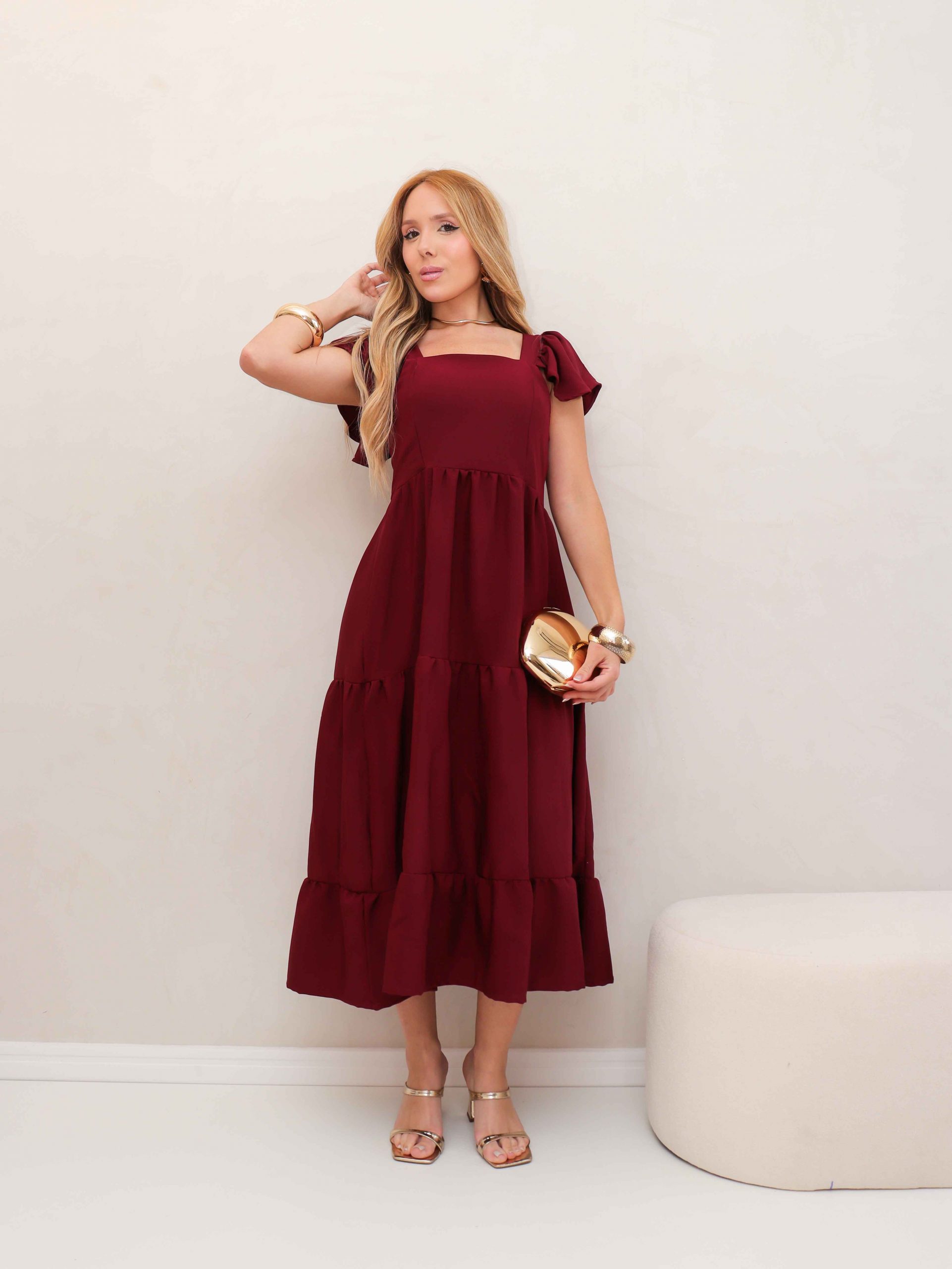 Vestido de alça com babado - VINHO